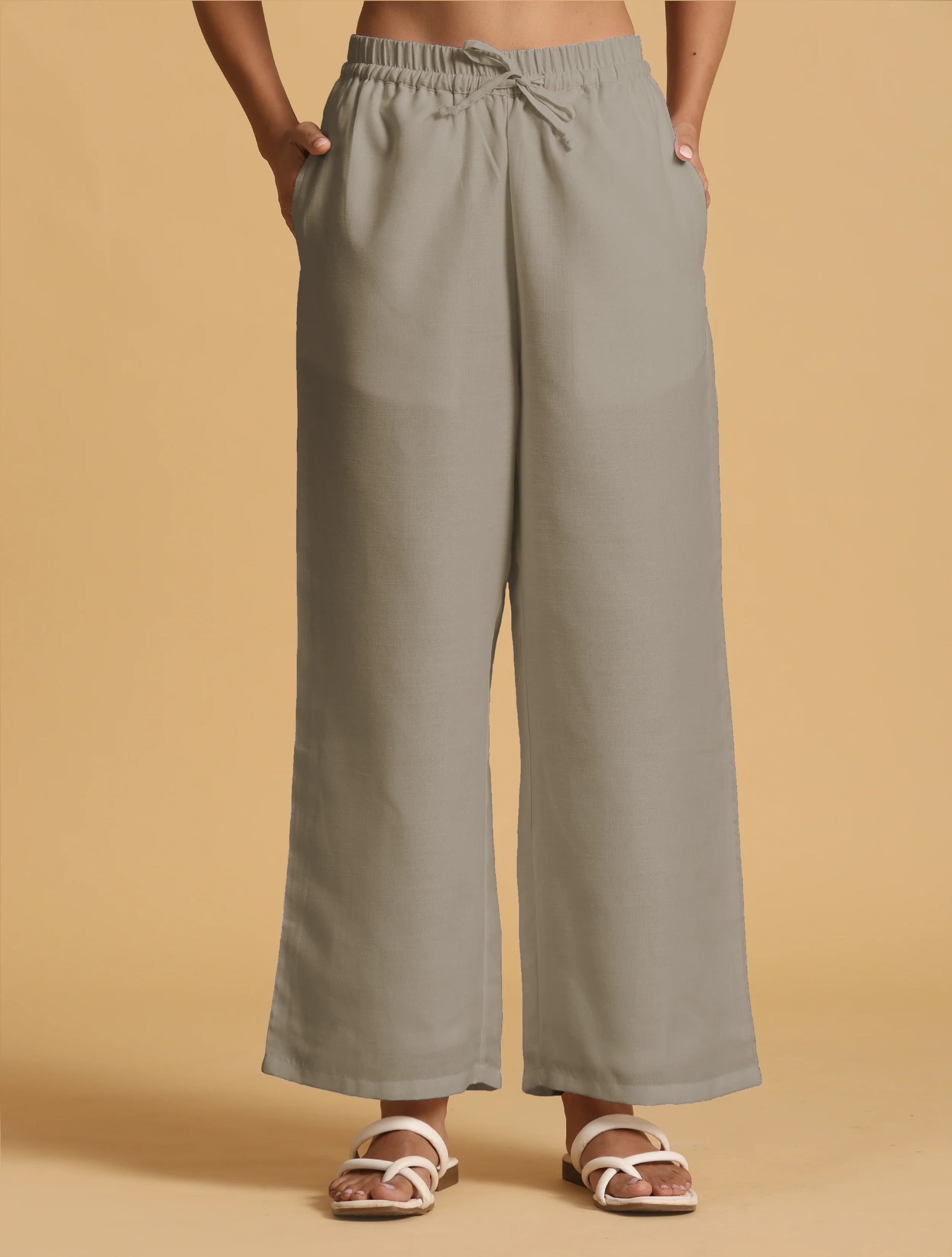 trueBrowns Grey Cotton Blend Elasticated Drawstring Straight Pants - Distacart