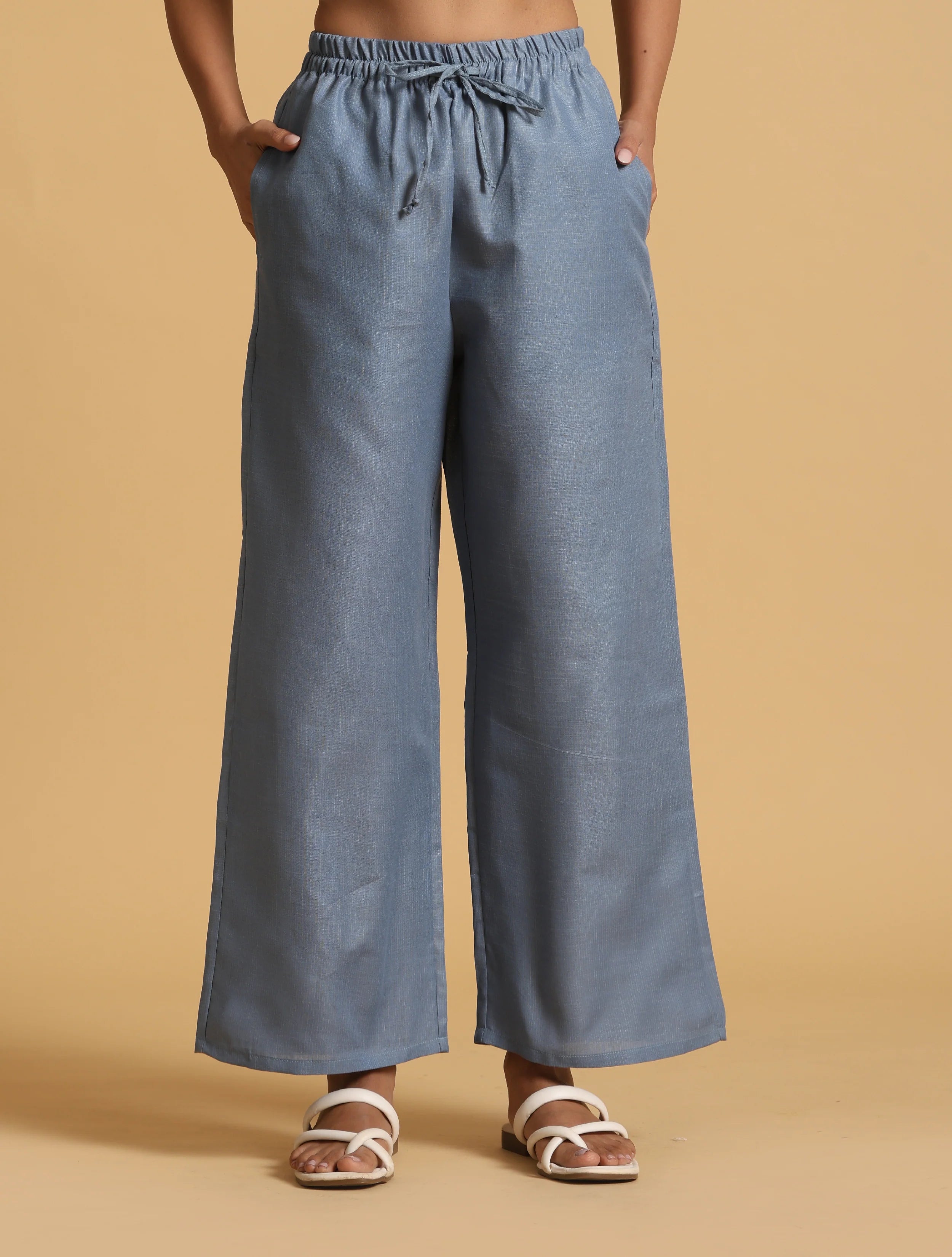 trueBrowns Blue Cotton Blend Elasticated Drawstring Straight Pants