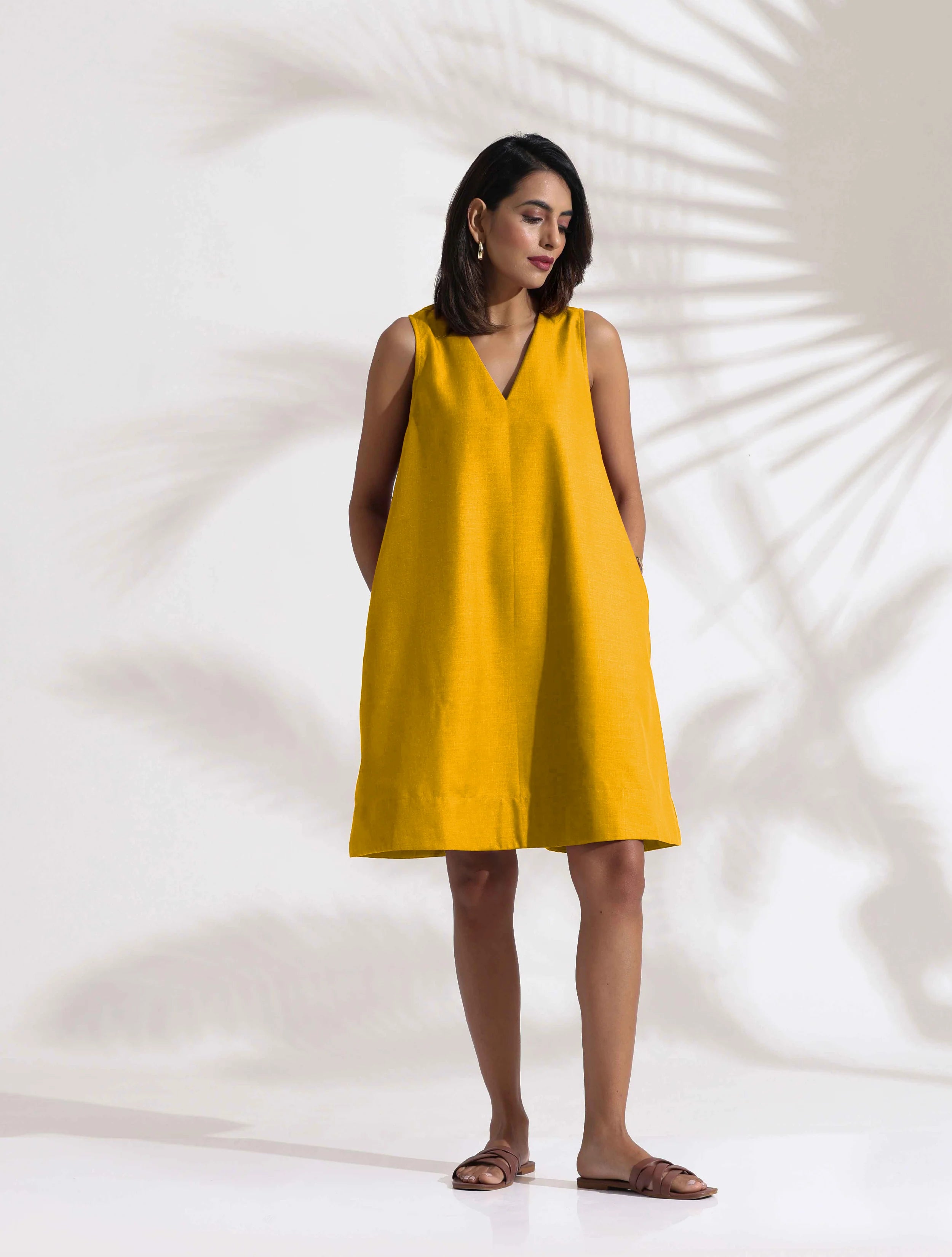 trueBrowns Mustard Cotton Blend Short Dress - Distacart