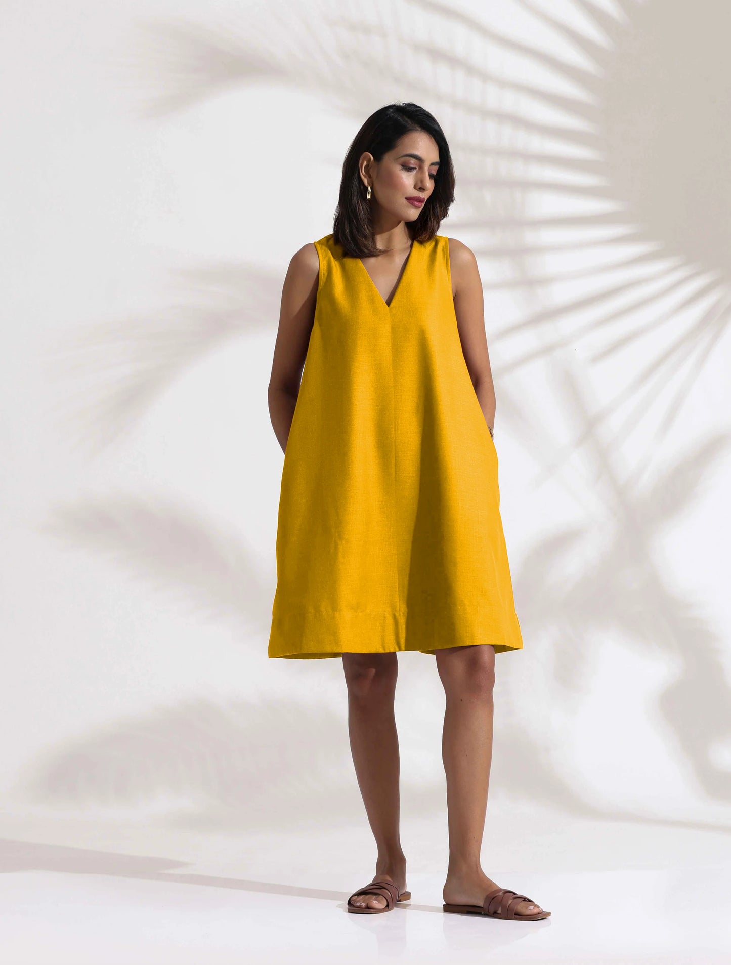 trueBrowns Mustard Cotton Blend Short Dress - Distacart