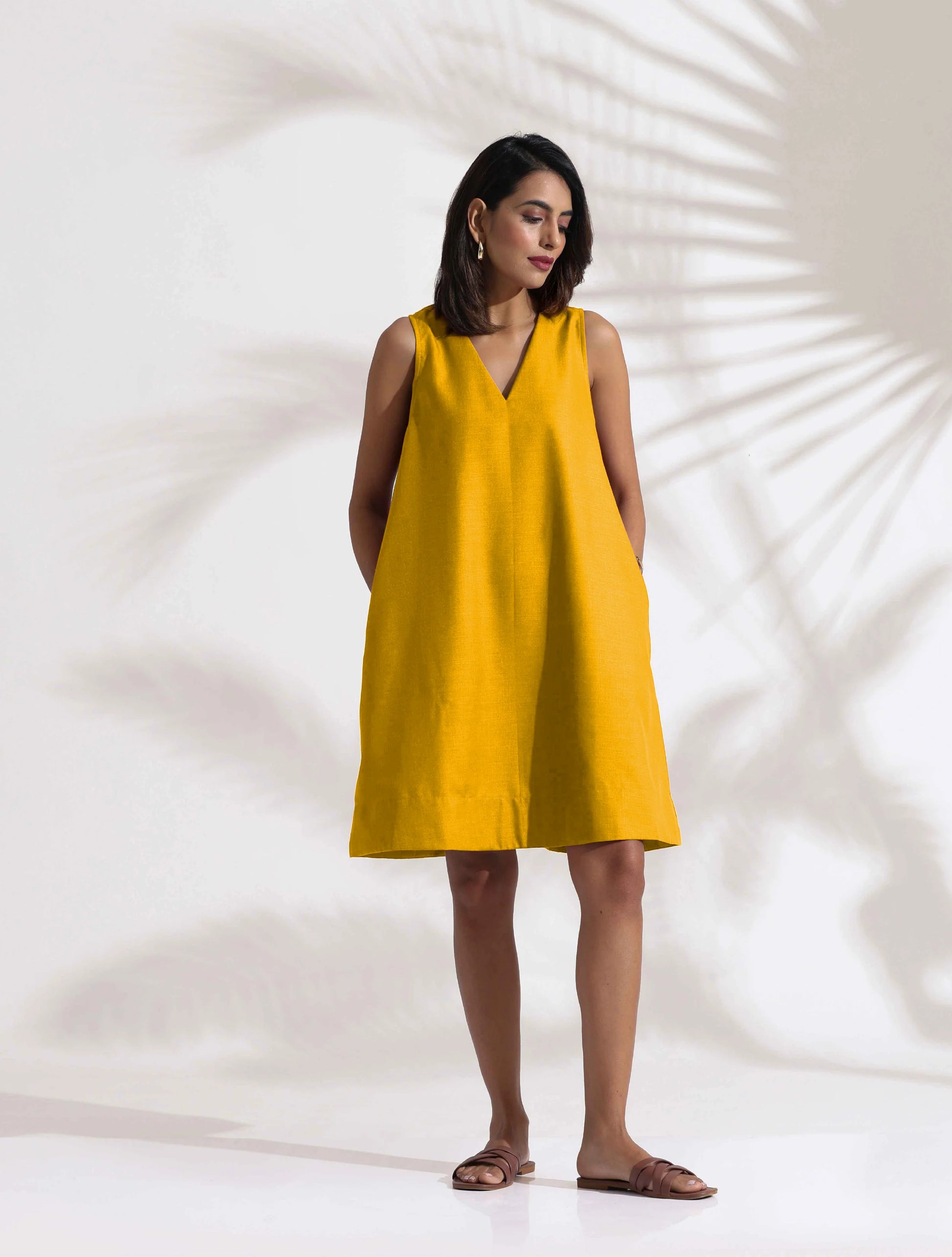 trueBrowns Mustard Cotton Blend Short Dress - Distacart