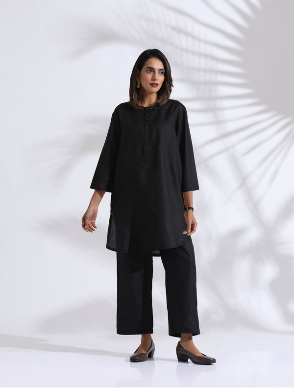 trueBrowns Black Slub Kurta Co-ord Set