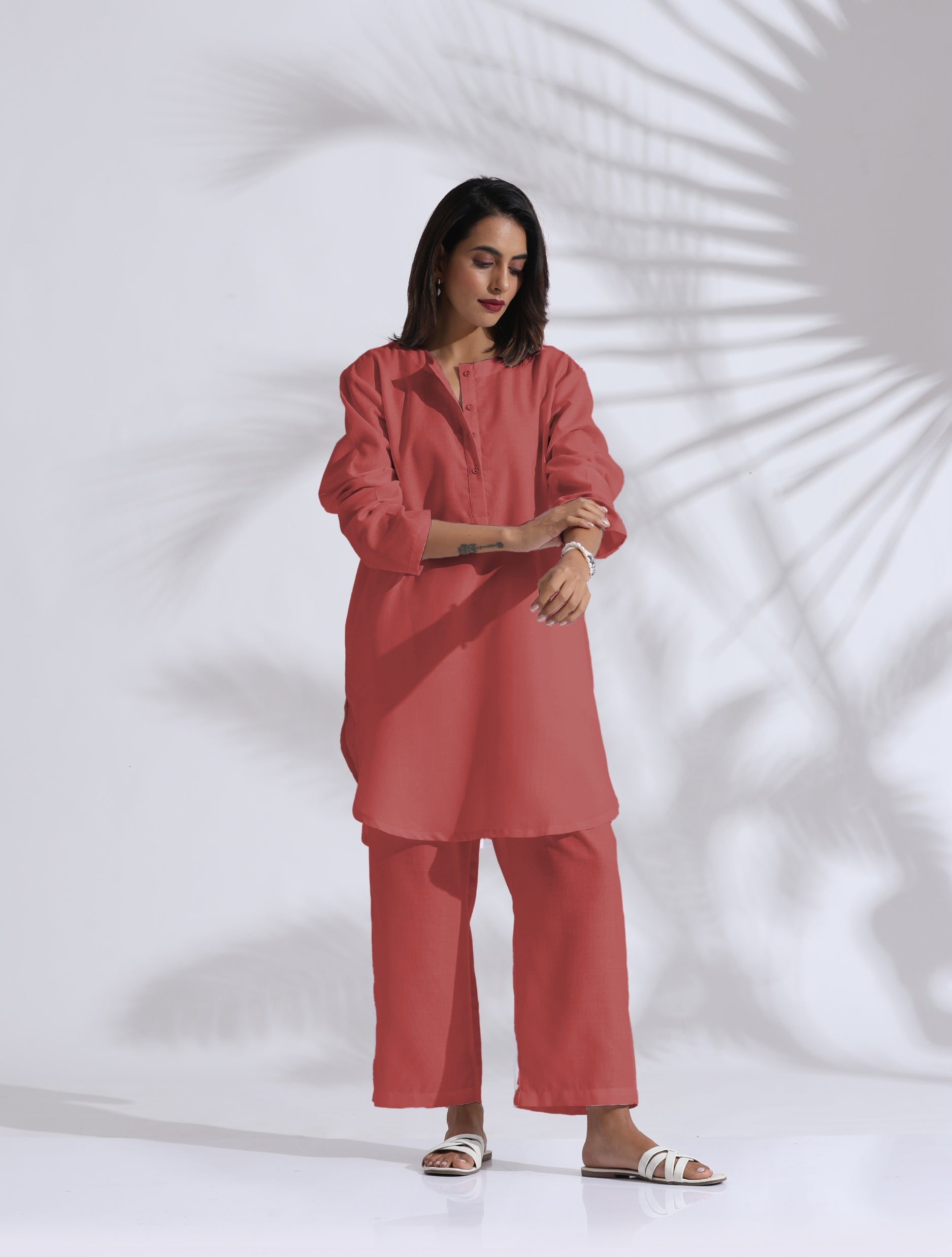 trueBrowns Pink Cotton Blend Pleated Kurta Co-ord Set - Distacart