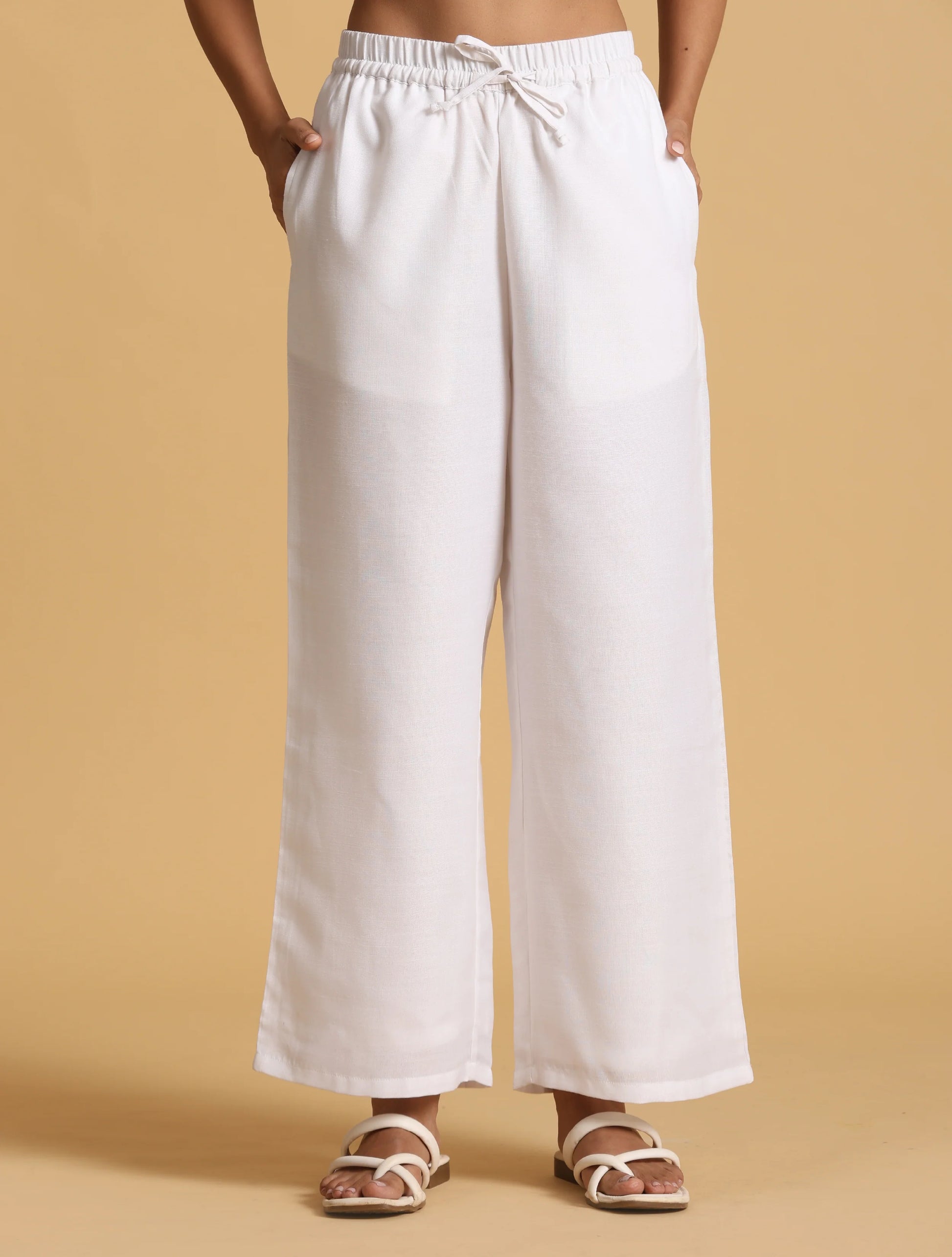 trueBrowns White Cotton Blend Elasticated Drawstring Straight Pants - Distacart