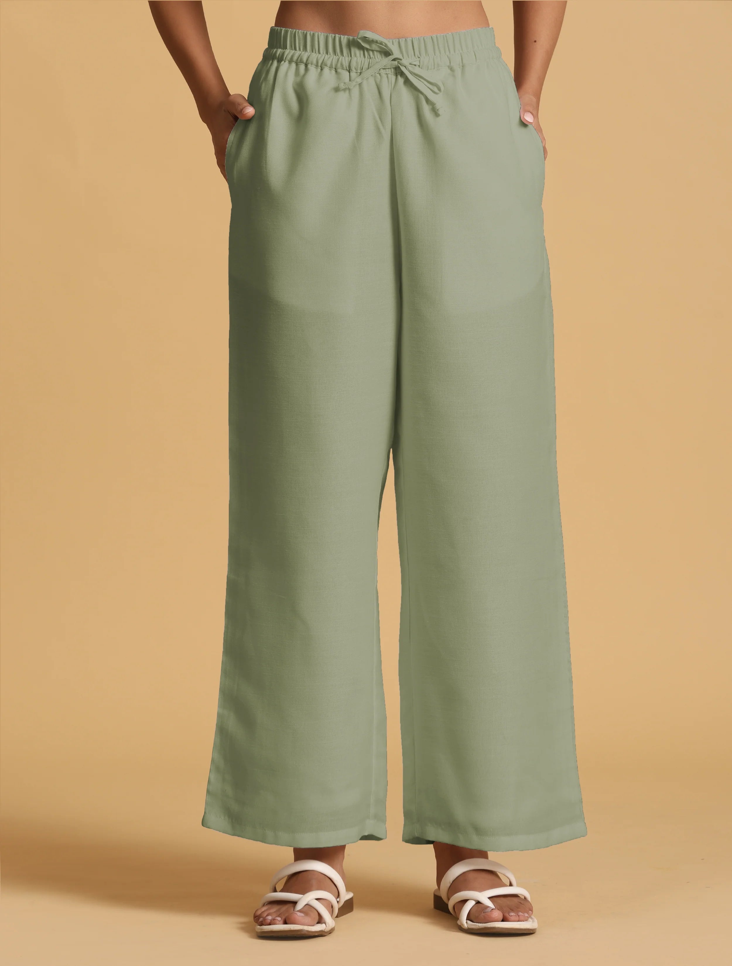 trueBrowns Mint Green Cotton Blend Elasticated Drawstring Straight Pants