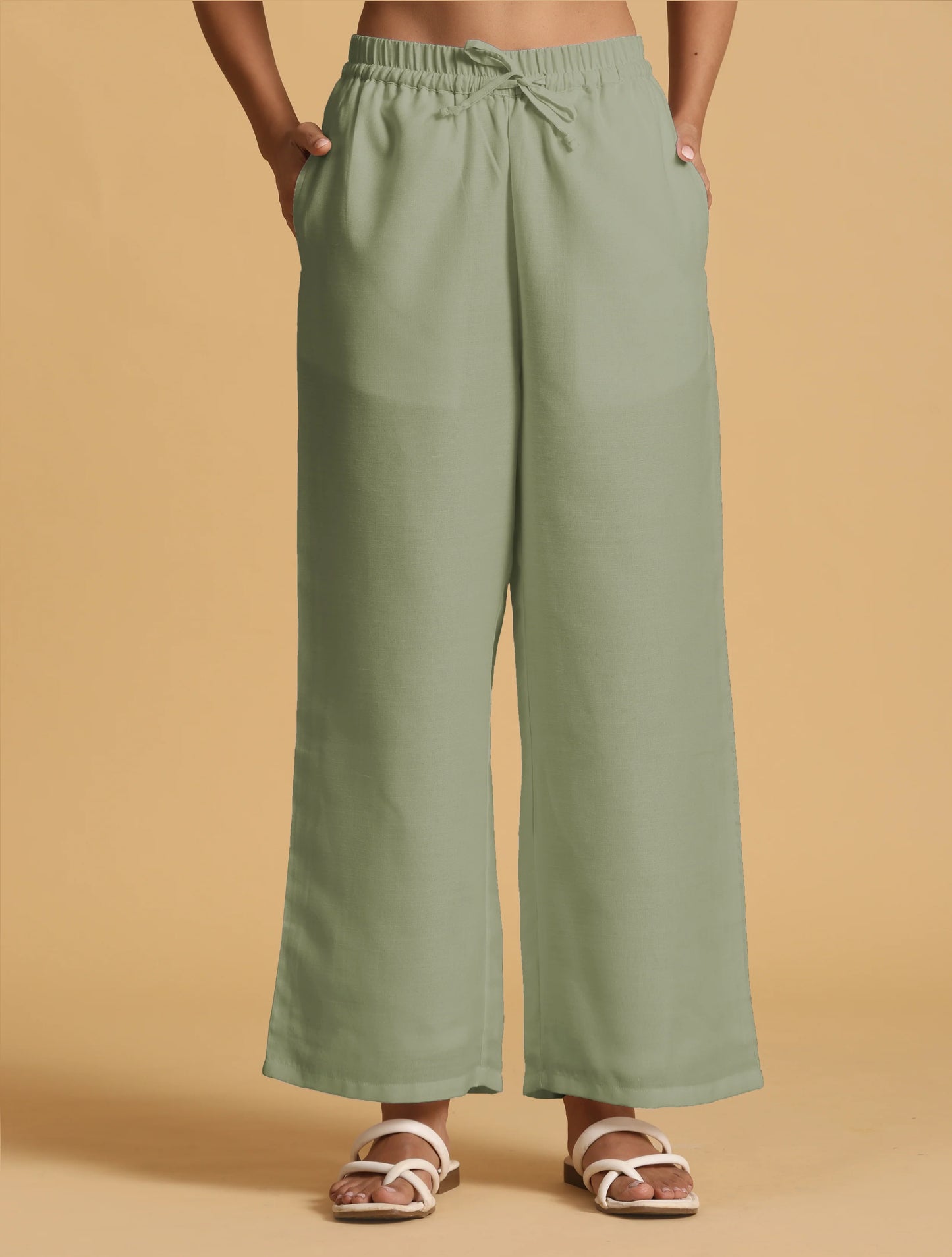 trueBrowns Mint Green Cotton Blend Elasticated Drawstring Straight Pants - Distacart