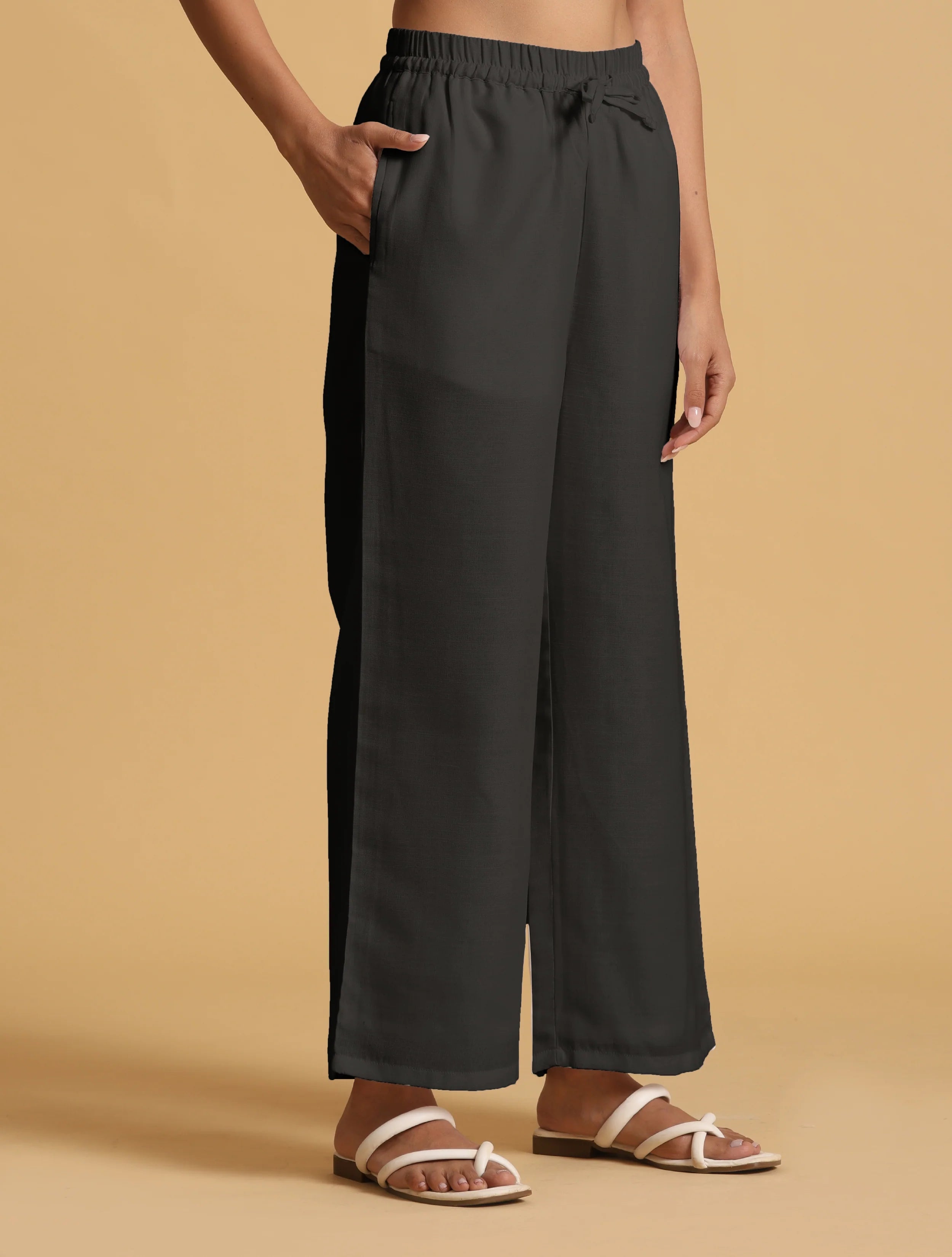 trueBrowns Black Cotton Blend Elasticated Drawstring Straight Pants