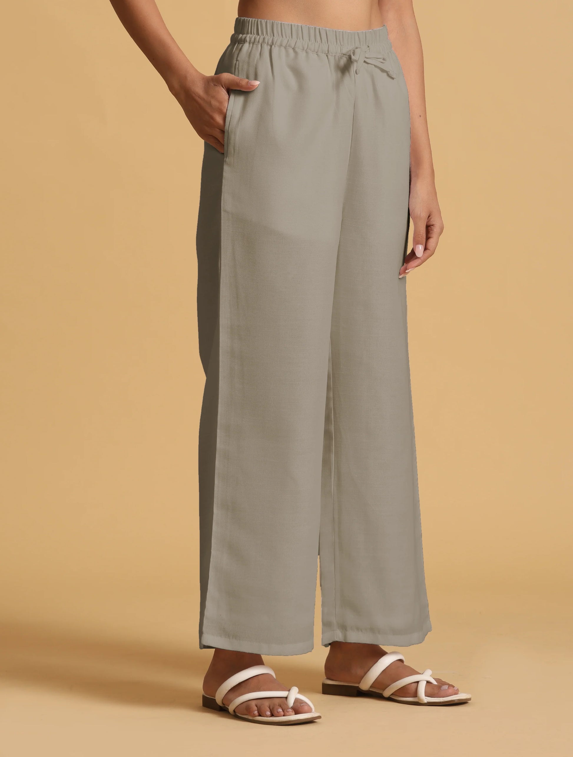 trueBrowns Grey Cotton Blend Elasticated Drawstring Straight Pants - Distacart