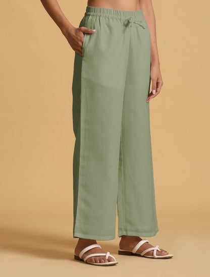 trueBrowns Mint Green Cotton Blend Elasticated Drawstring Straight Pants - Distacart