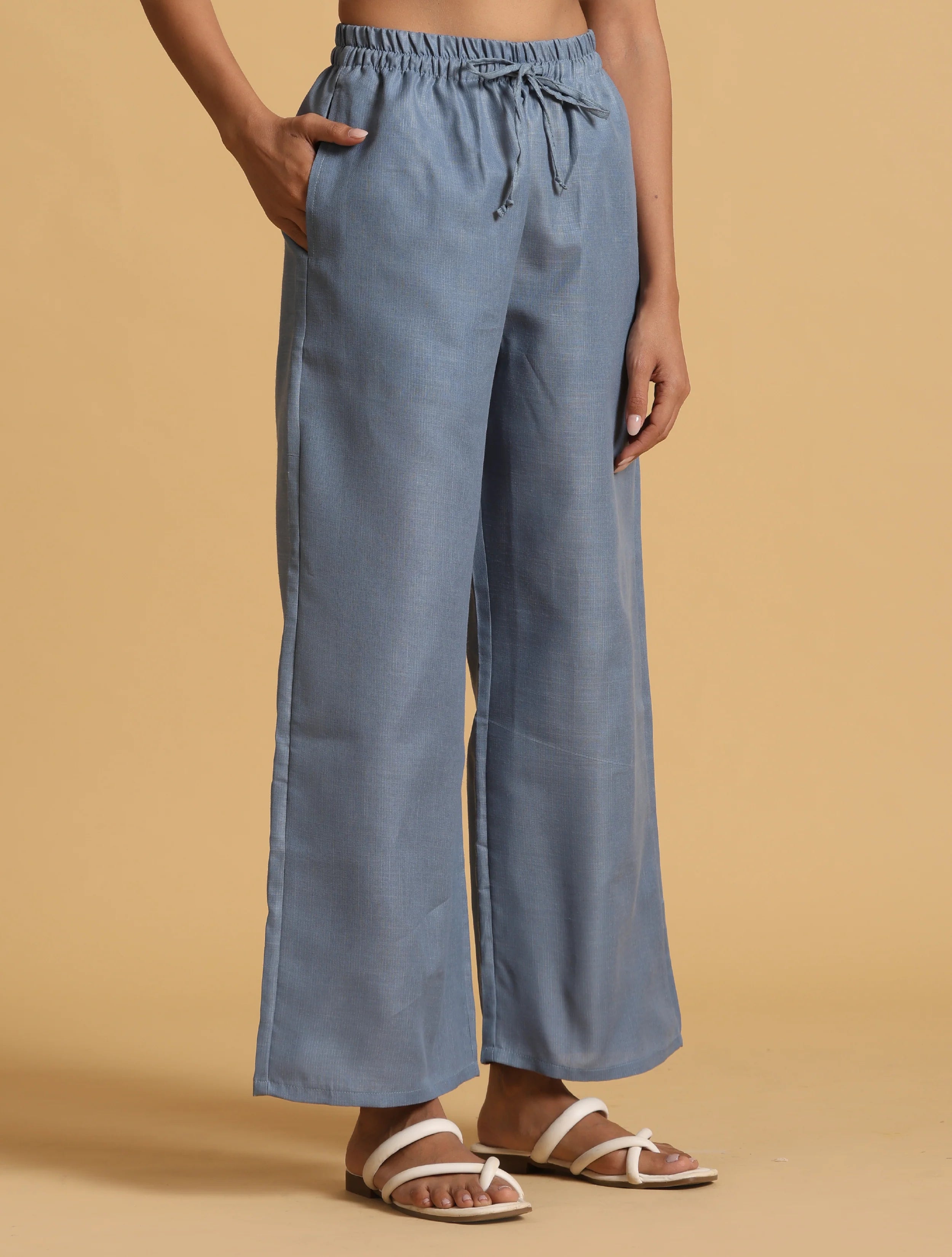 trueBrowns Blue Cotton Blend Elasticated Drawstring Straight Pants