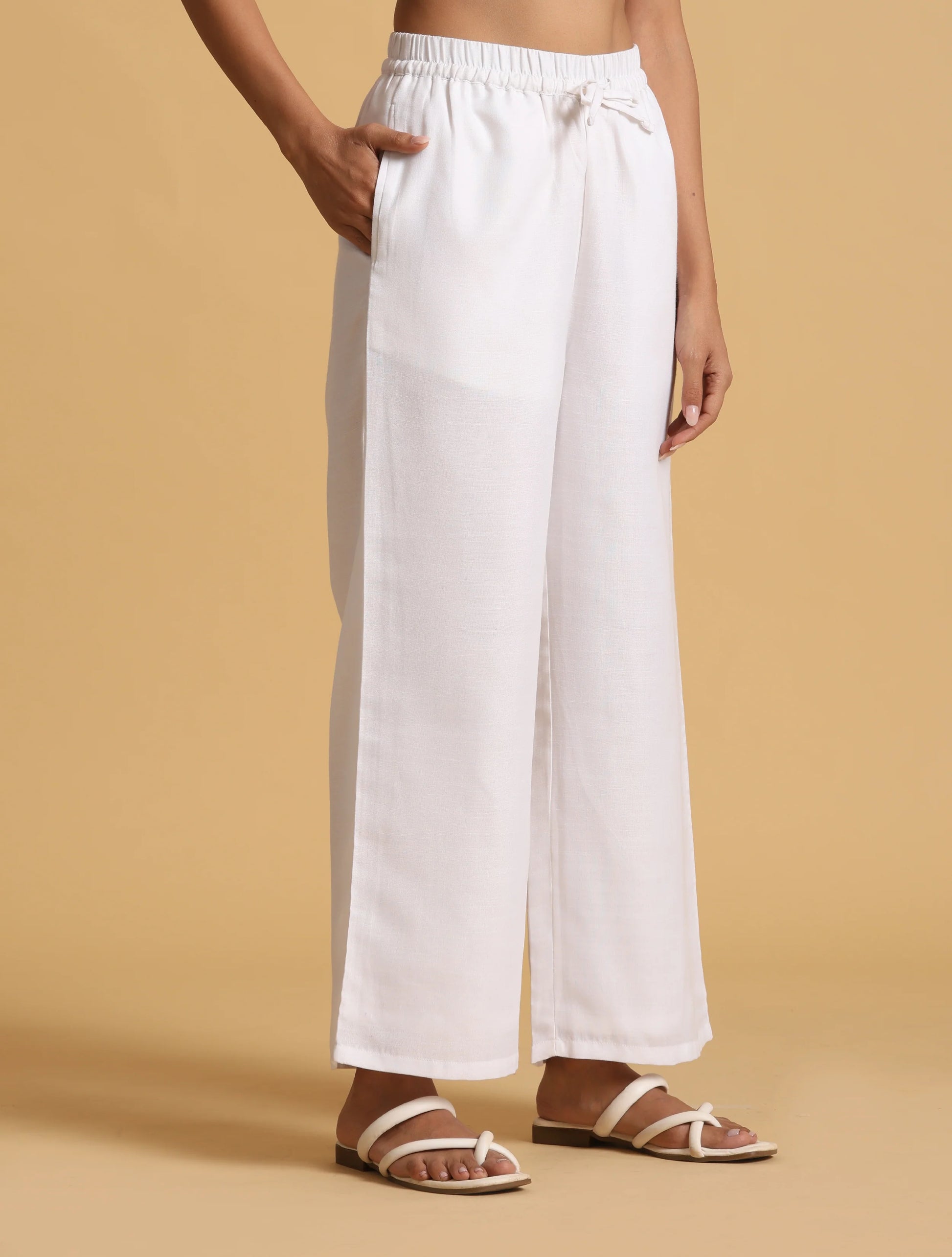 trueBrowns White Cotton Blend Elasticated Drawstring Straight Pants - Distacart
