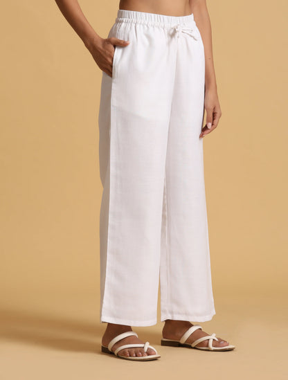 trueBrowns White Cotton Blend Elasticated Drawstring Straight Pants - Distacart