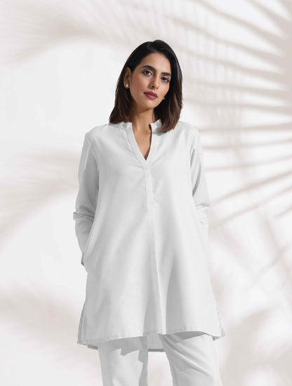 trueBrowns White Cotton Blend Kurta Co-ord Set - Distacart