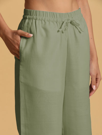 trueBrowns Mint Green Cotton Blend Elasticated Drawstring Straight Pants - Distacart