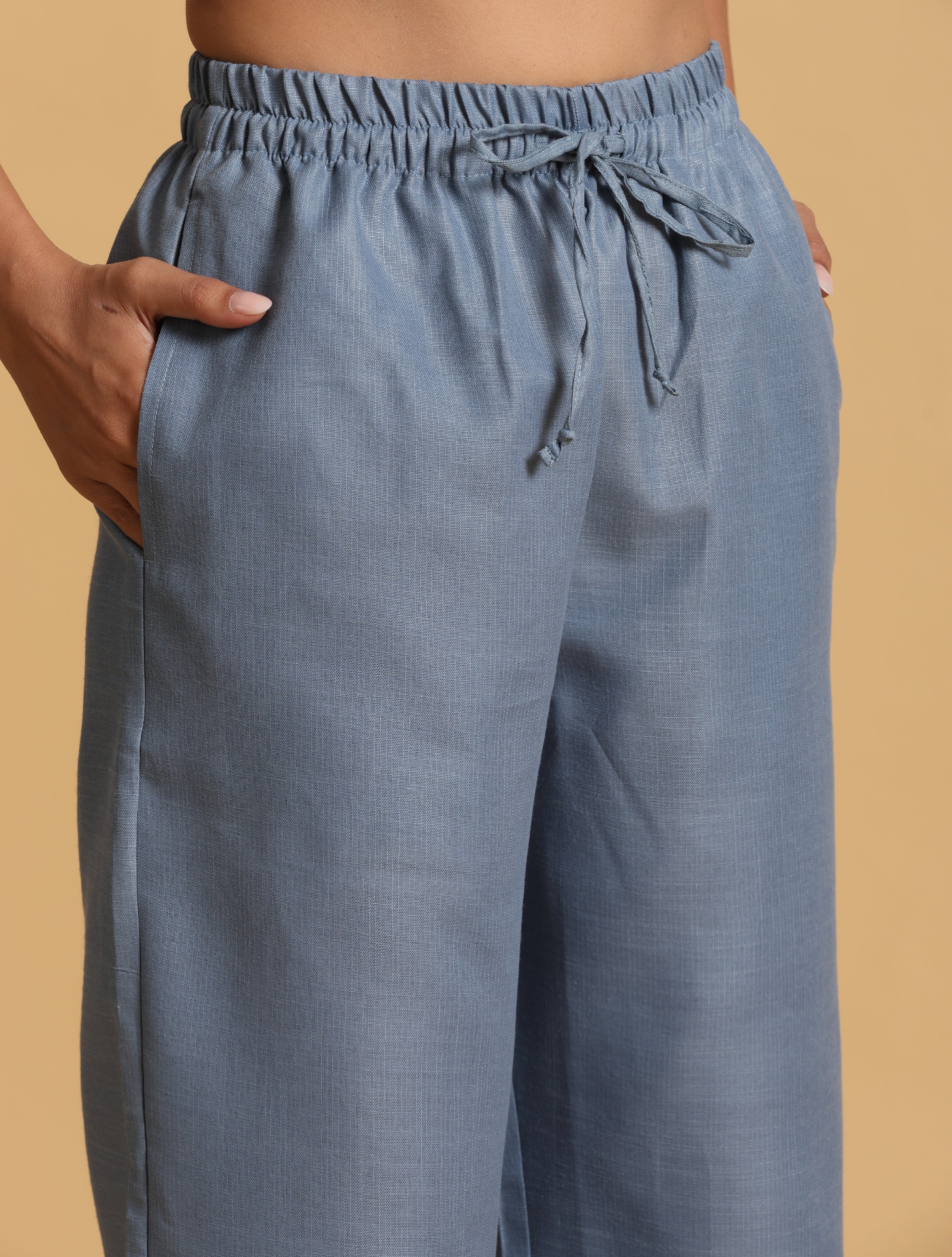 trueBrowns Blue Cotton Blend Elasticated Drawstring Straight Pants