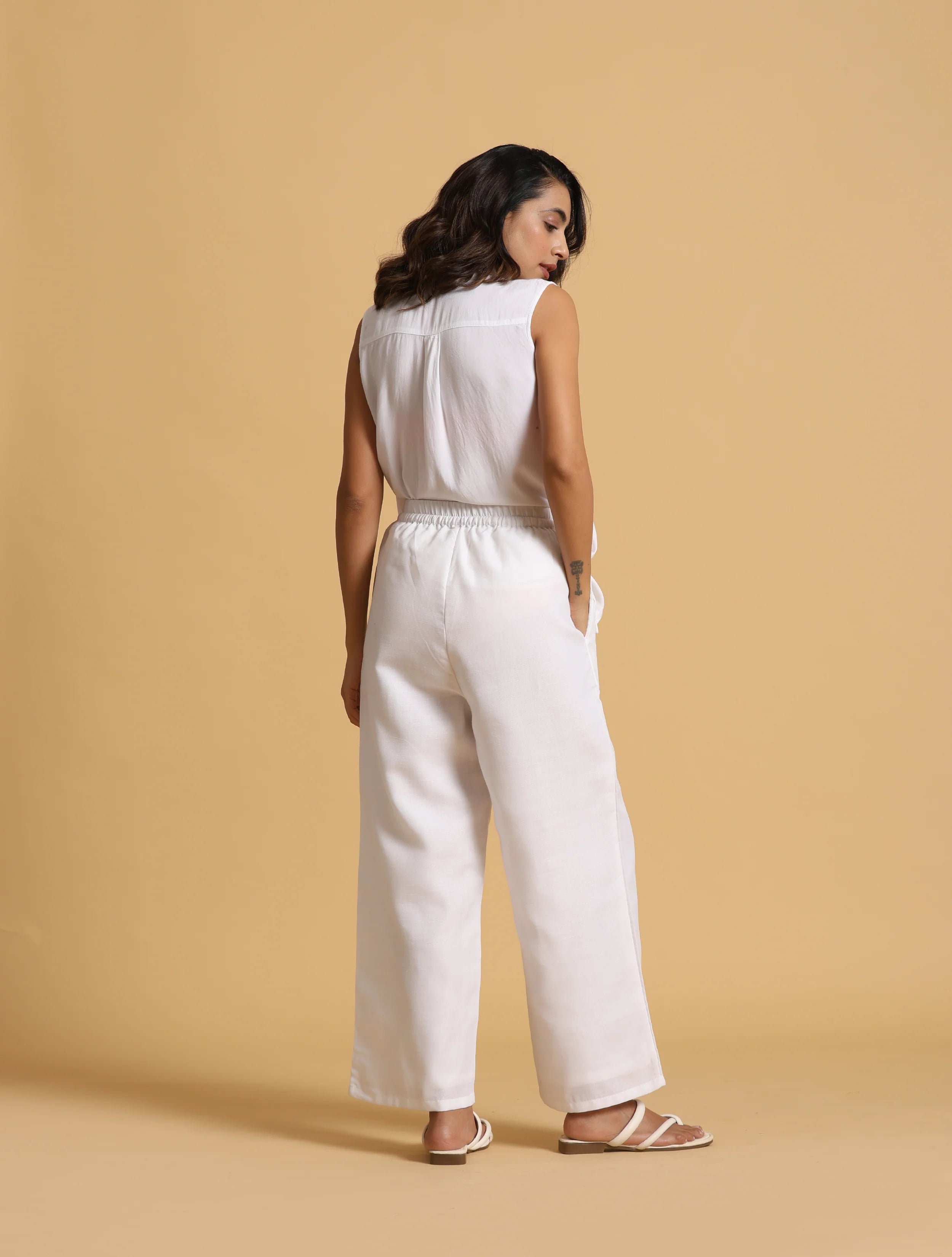 trueBrowns White Cotton Blend Elasticated Drawstring Straight Pants