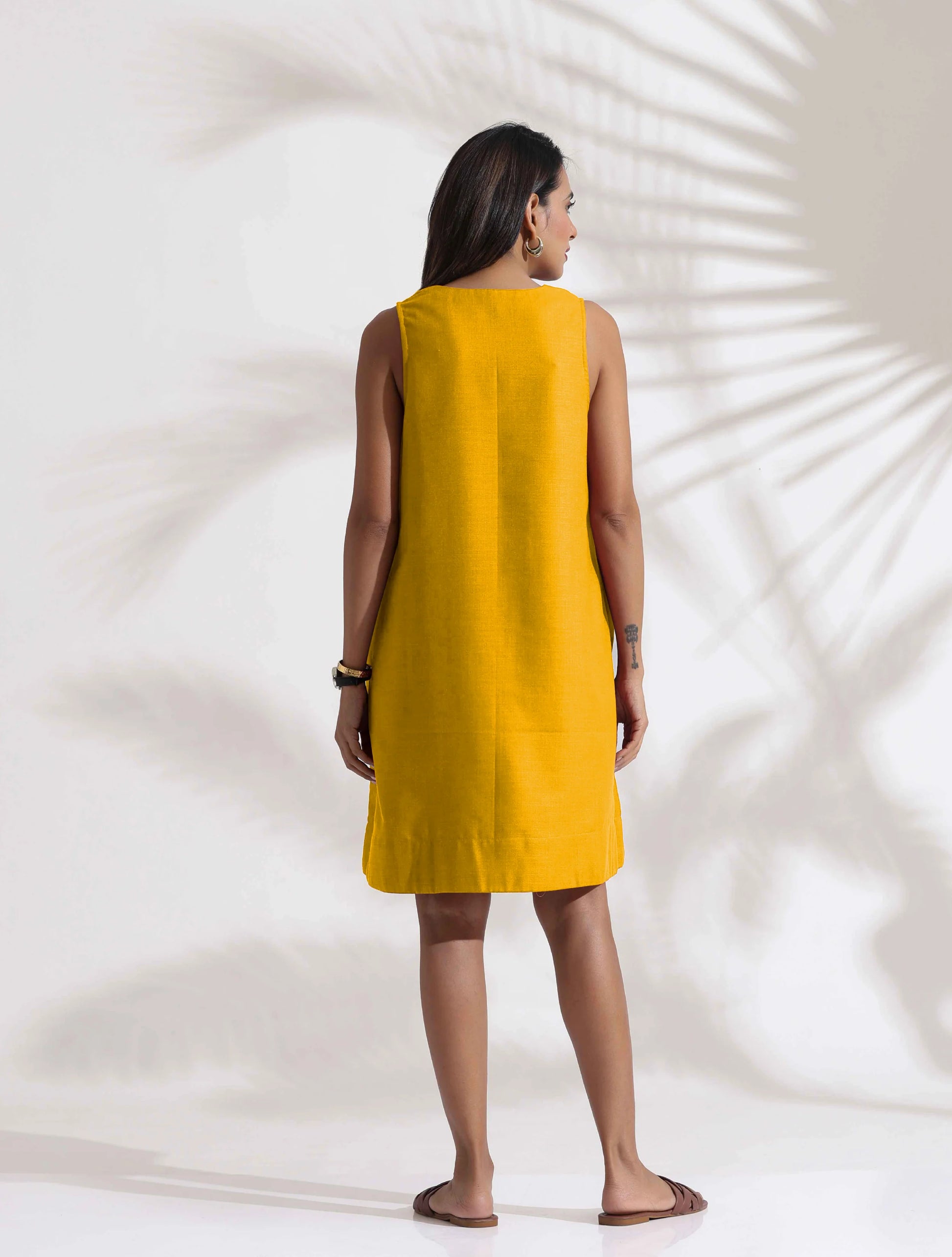 trueBrowns Mustard Cotton Blend Short Dress - Distacart