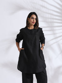 Thumbnail for trueBrowns Black Slub Kurta Co-ord Set