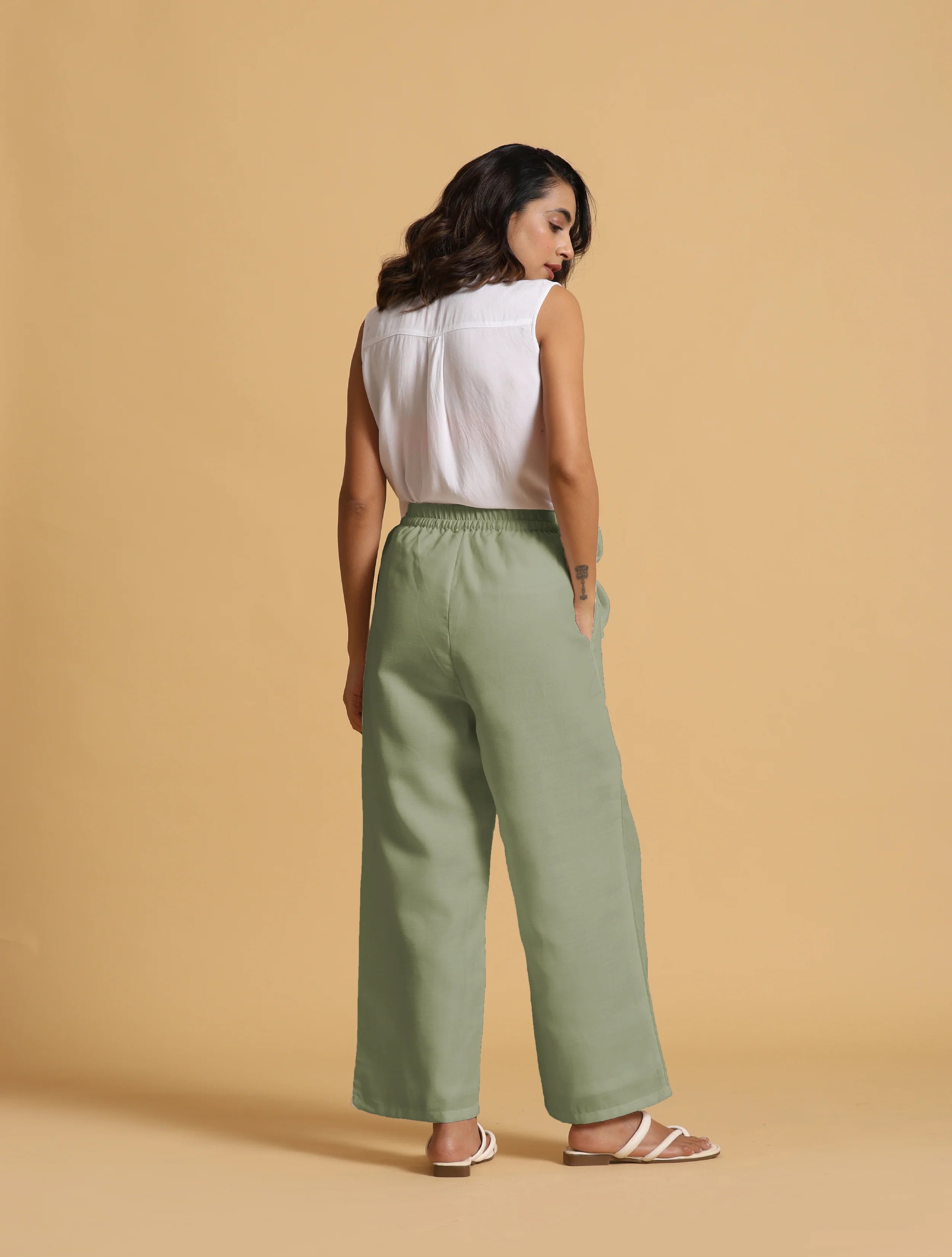 trueBrowns Mint Green Cotton Blend Elasticated Drawstring Straight Pants