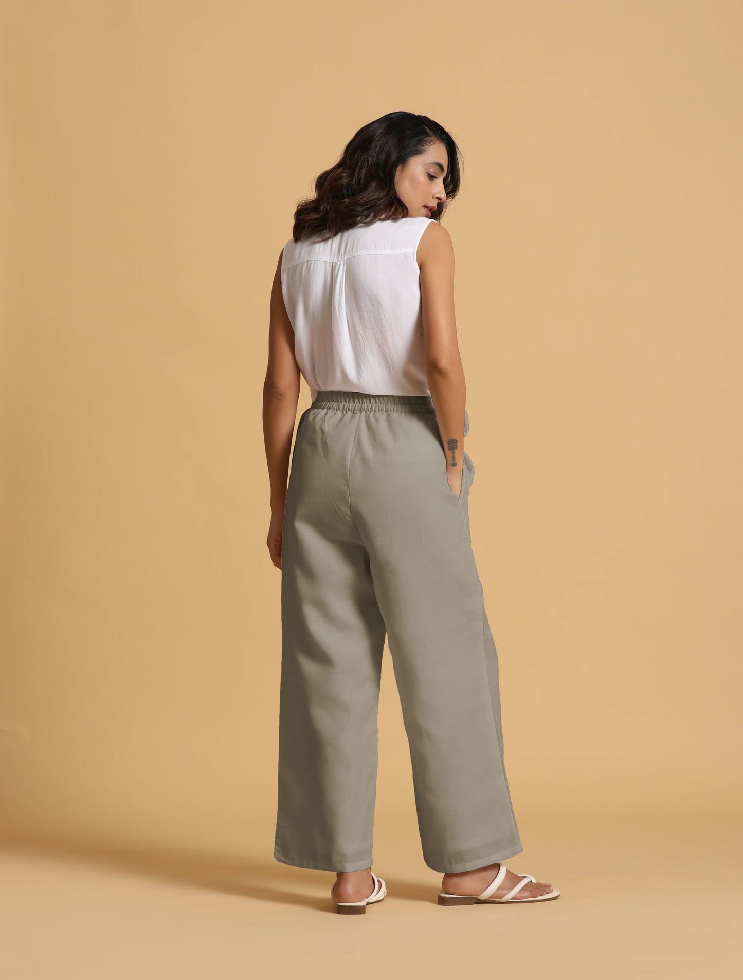 trueBrowns Grey Cotton Blend Elasticated Drawstring Straight Pants - Distacart
