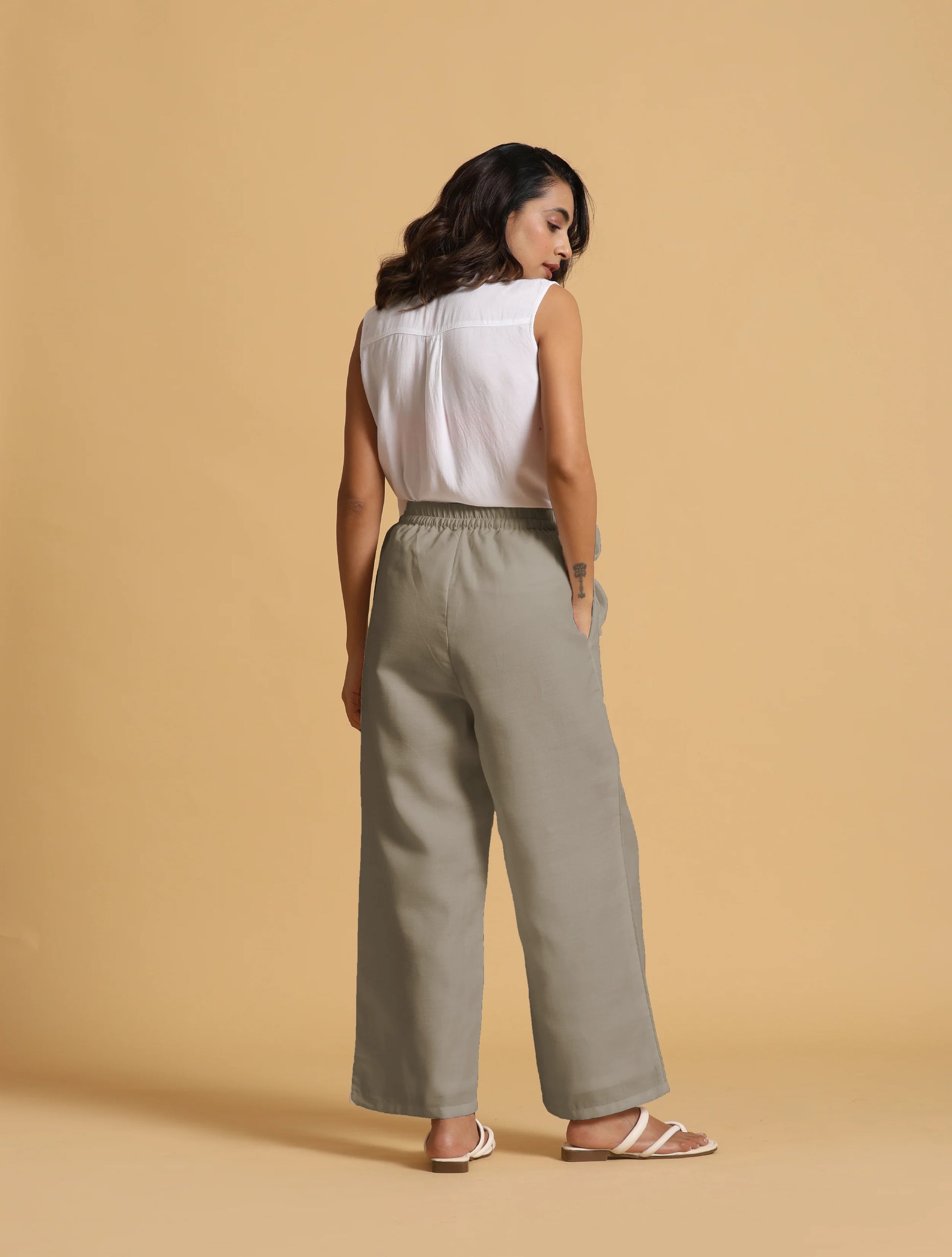 trueBrowns Grey Cotton Blend Elasticated Drawstring Straight Pants - Distacart