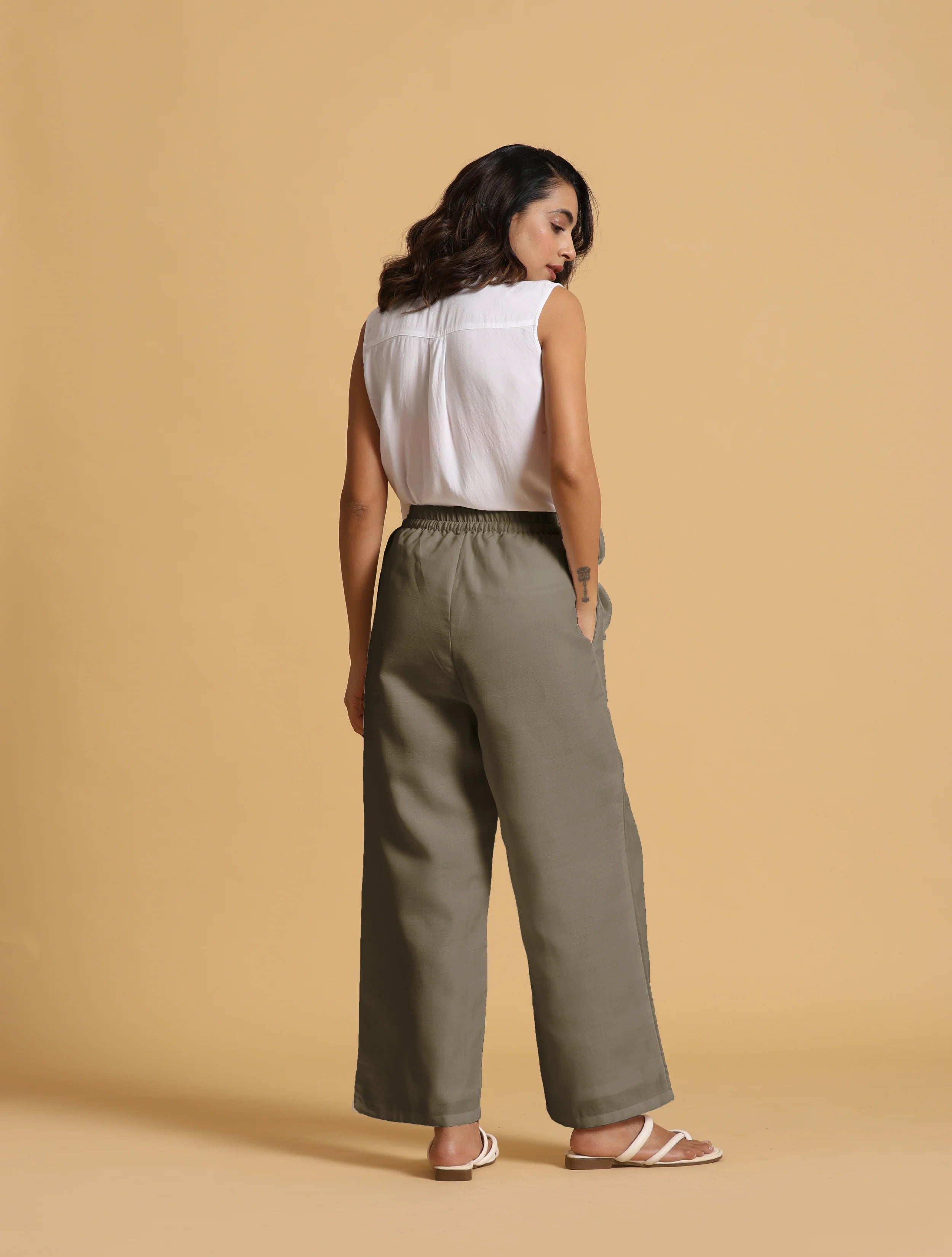 trueBrowns Olive Cotton Blend Elasticated Drawstring Straight Pants