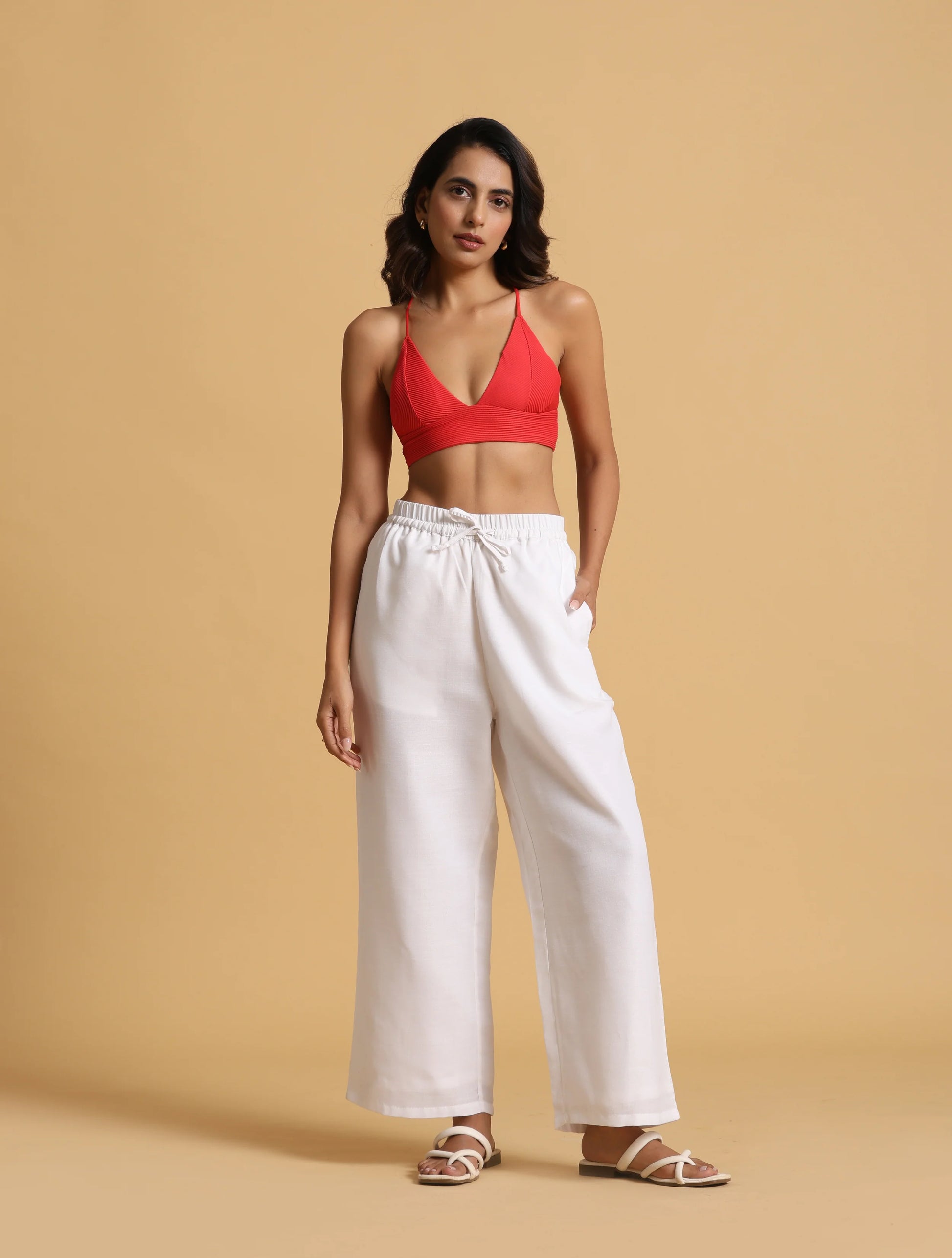 trueBrowns White Cotton Blend Elasticated Drawstring Straight Pants - Distacart