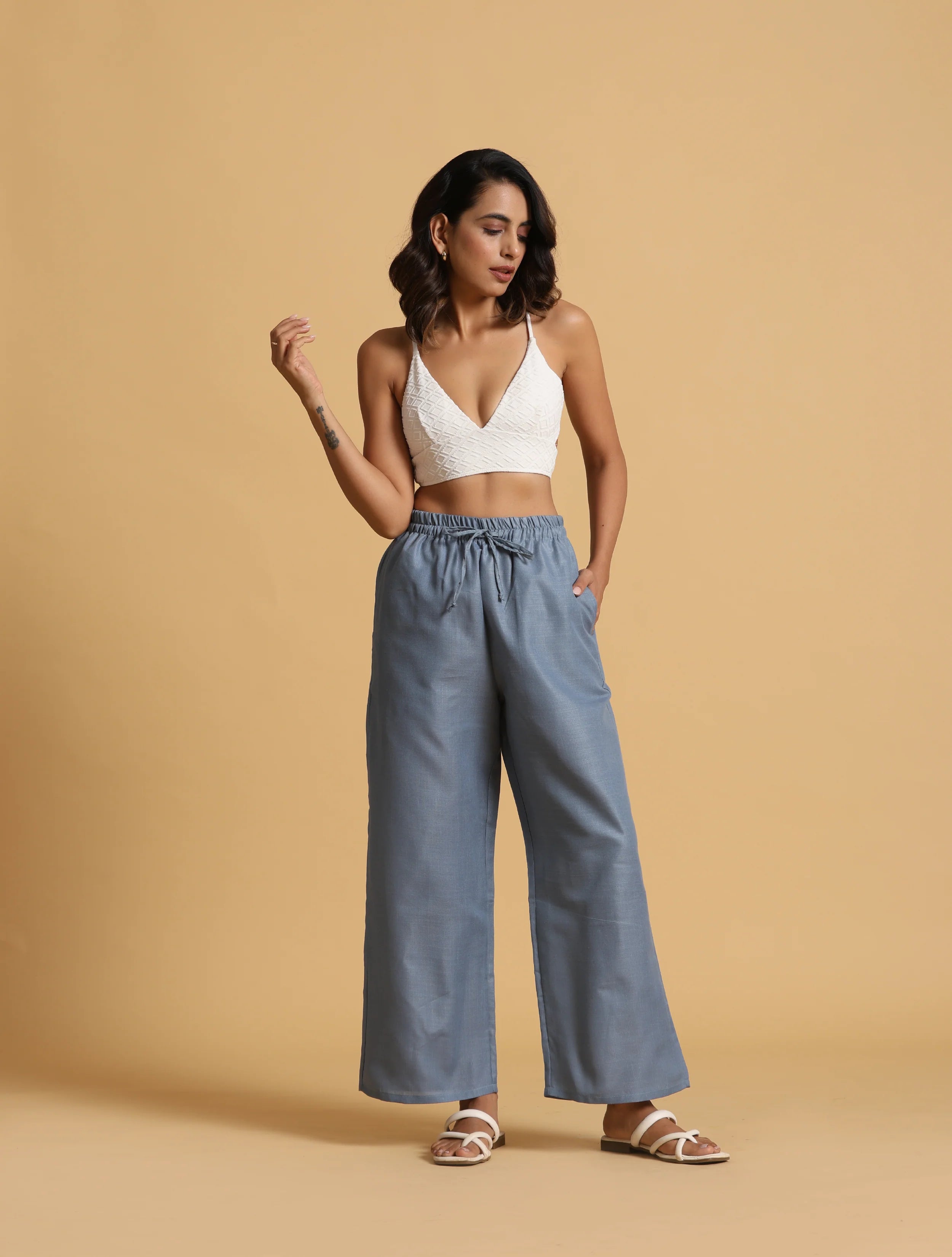 trueBrowns Blue Cotton Blend Elasticated Drawstring Straight Pants