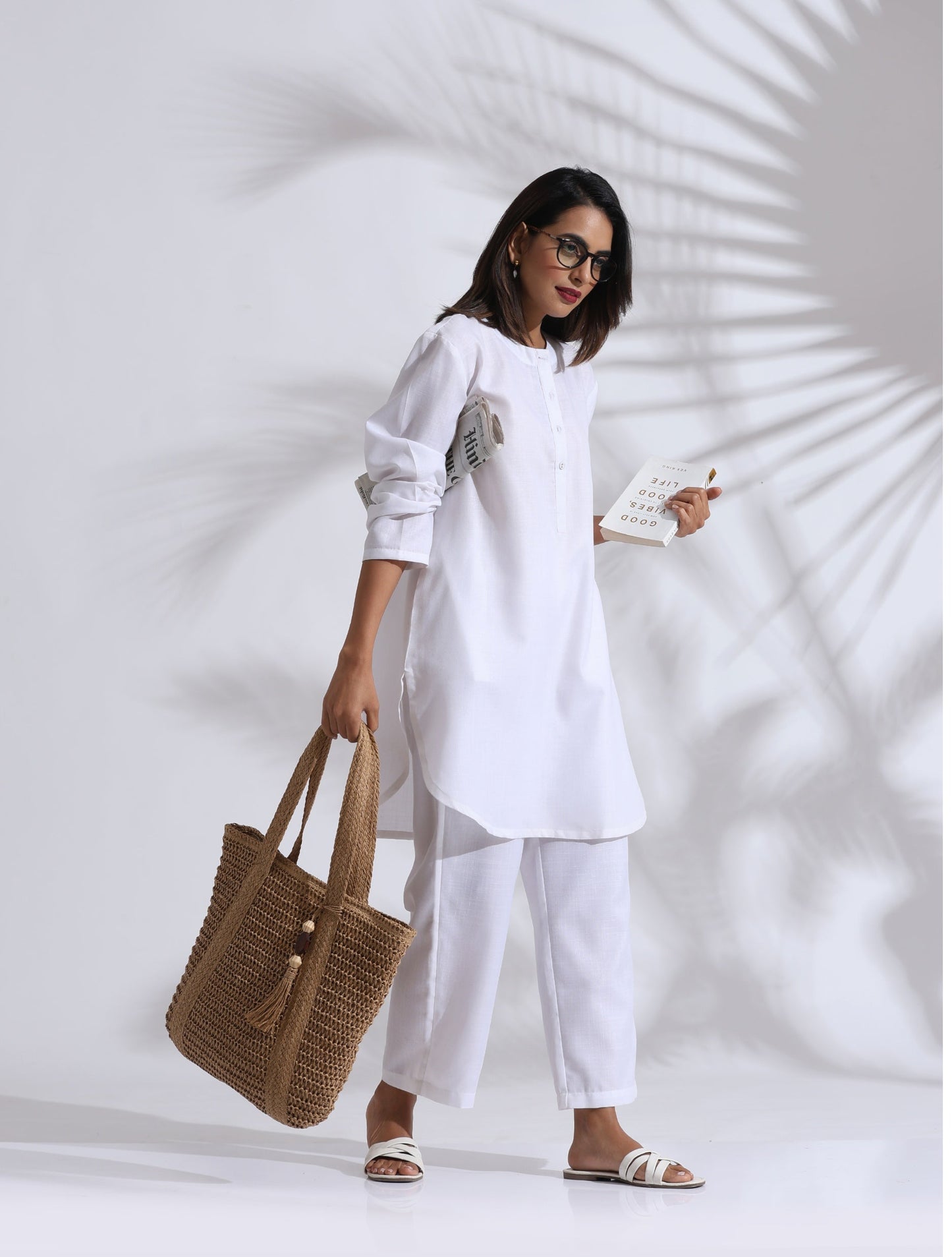trueBrowns White Slub Kurta Co-ord Set - Distacart