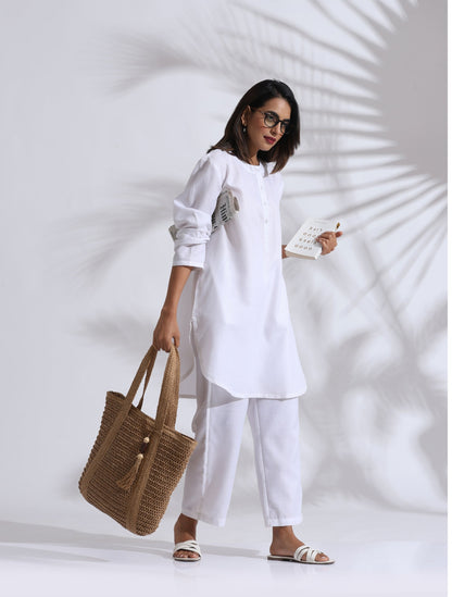 trueBrowns White Slub Kurta Co-ord Set - Distacart