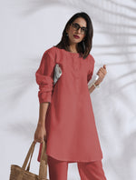 Thumbnail for trueBrowns Pink Cotton Blend Pleated Kurta Co-ord Set