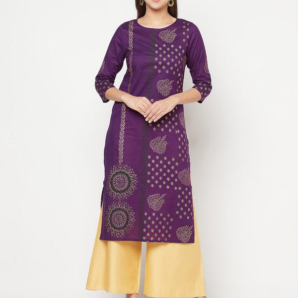 Aniyah Cotton Foil Print Purple Straight Kurta