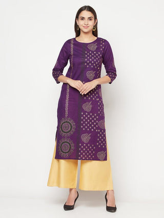 Aniyah Cotton Foil Print Purple Straight Kurta