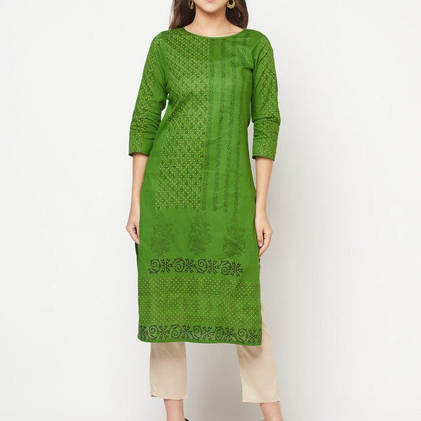 Aniyah Green Cotton Block print straight kurta
