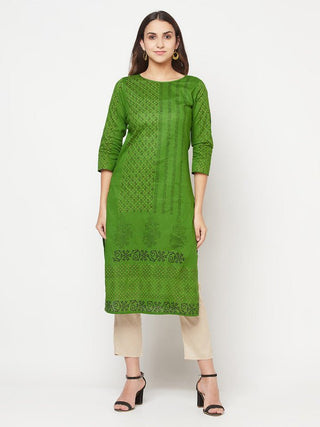 Aniyah Green Cotton Block print straight kurta