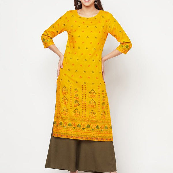 Aniyah Rayon Screen Print Mustard Straight Kurta