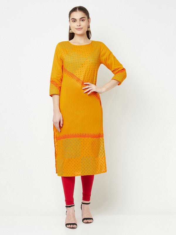 Aniyah Cotton Block Print Mustard Color Straight Kurta