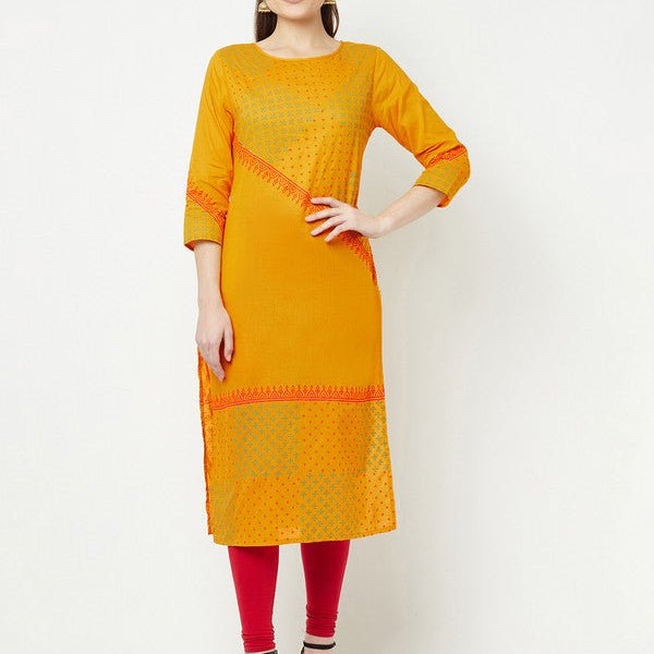 Aniyah Cotton Block Print Mustard Color Straight Kurta
