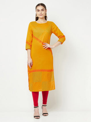Aniyah Cotton Block Print Mustard Color Straight Kurta