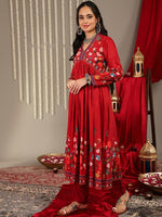 Thumbnail for Varanga Women Red Floral Printed Anarkali Kurta Paired With Tonal Bottom And Tonal Solid Chiffon Dupatta - Distacart