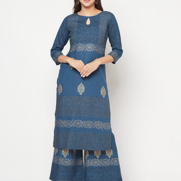 Aniyah Rayon Block Print Blue Straight Kurta Palazzo Set