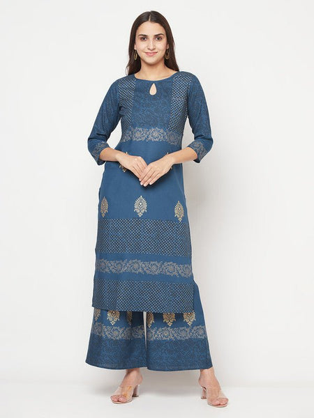 Aniyah Rayon Block Print Blue Straight Kurta Palazzo Set