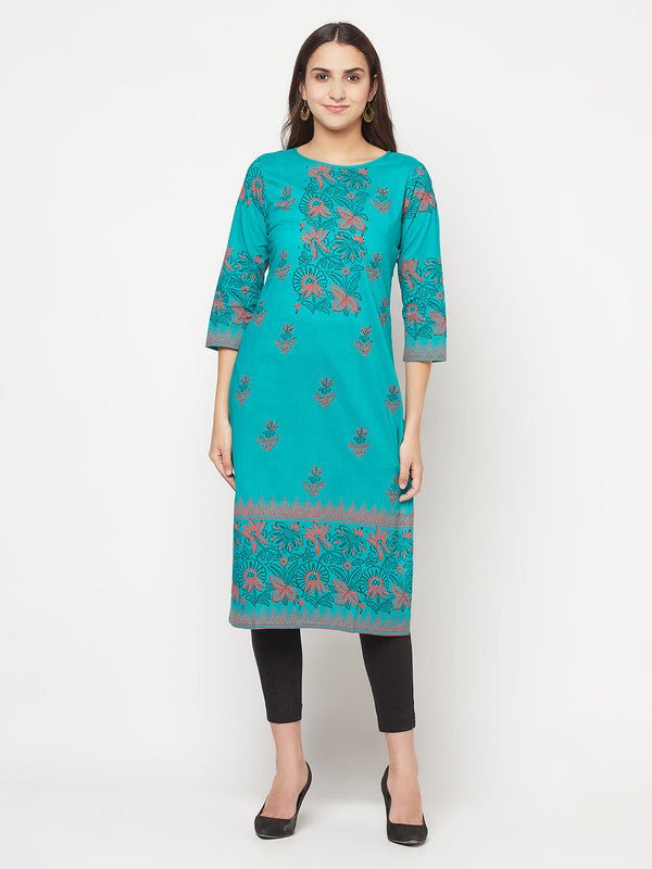 Aniyah Turquoise Cotton Block Print Straight Kurta