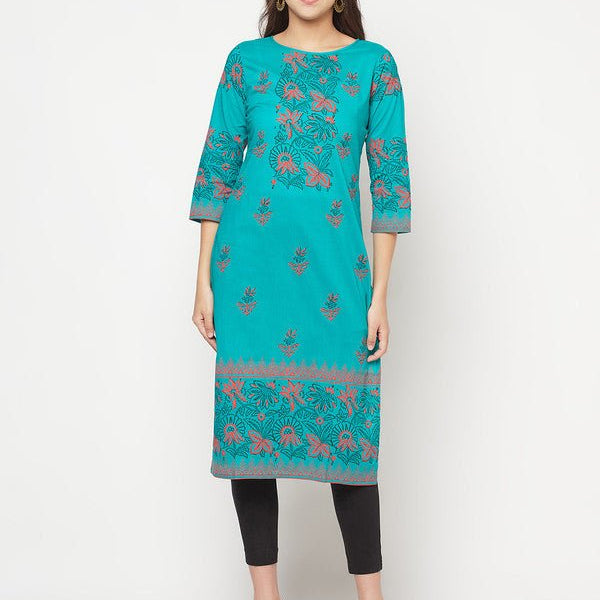 Aniyah Turquoise Cotton Block Print Straight Kurta