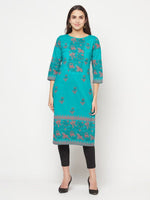 Thumbnail for Aniyah Turquoise Cotton Block Print Straight Kurta