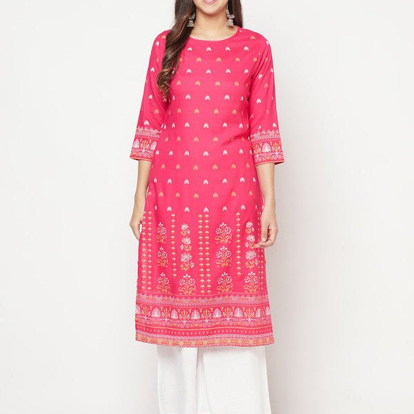 Aniyah Rayon Screen Print Fuchsia Straight Kurta