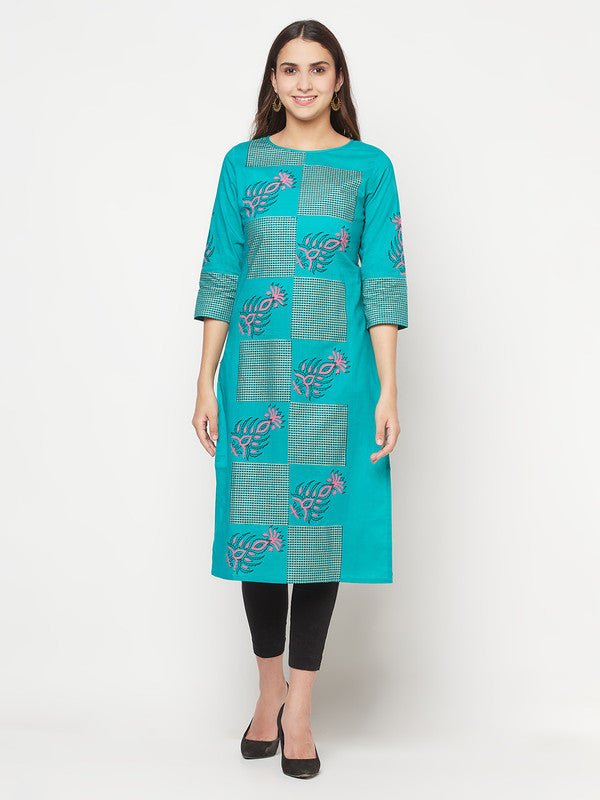 Aniyah Cotton Block Print Turquoise Straight Kurta