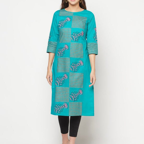 Aniyah Cotton Block Print Turquoise Straight Kurta
