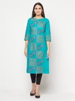 Thumbnail for Aniyah Cotton Block Print Turquoise Straight Kurta