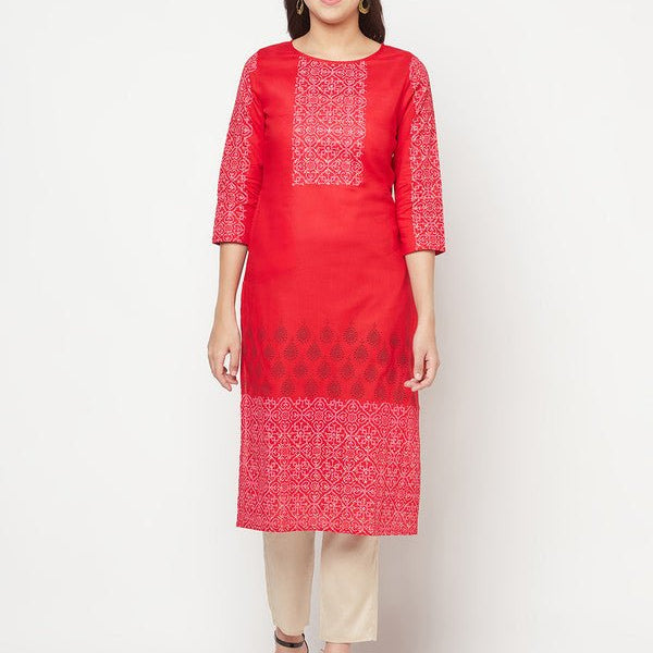 Aniyah Cotton Block Print Red Straight Kurta